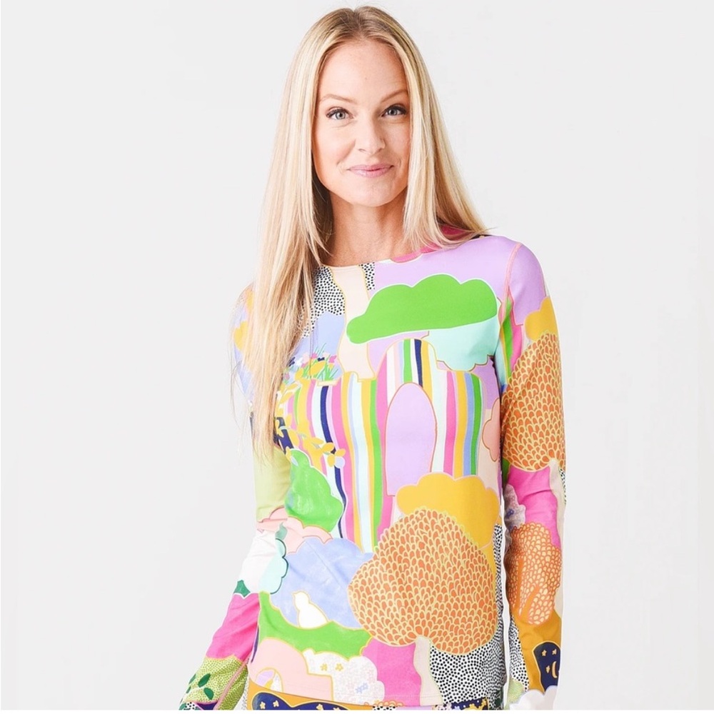CeliaB Lennox Colorful Abstract Long Sleeve Top Nylon Spandex Size Small